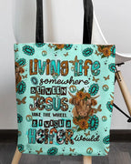 Cowgic Living Life Somewhere Between Jesus Cow Tote Bag