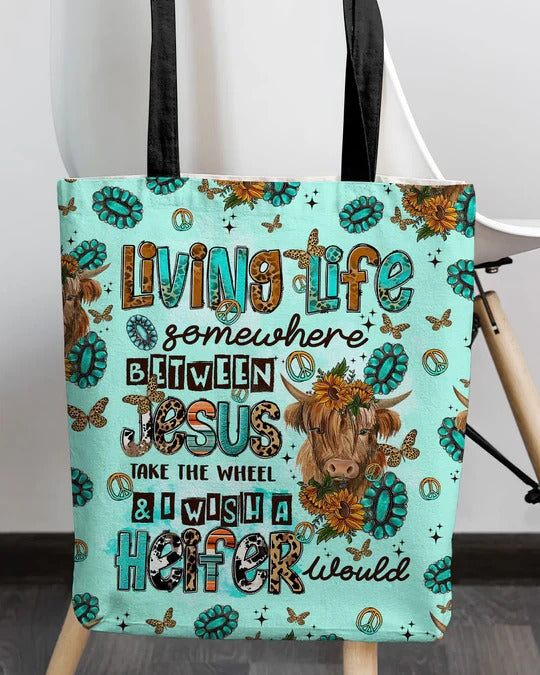 Cowgic Living Life Somewhere Between Jesus Cow Tote Bag