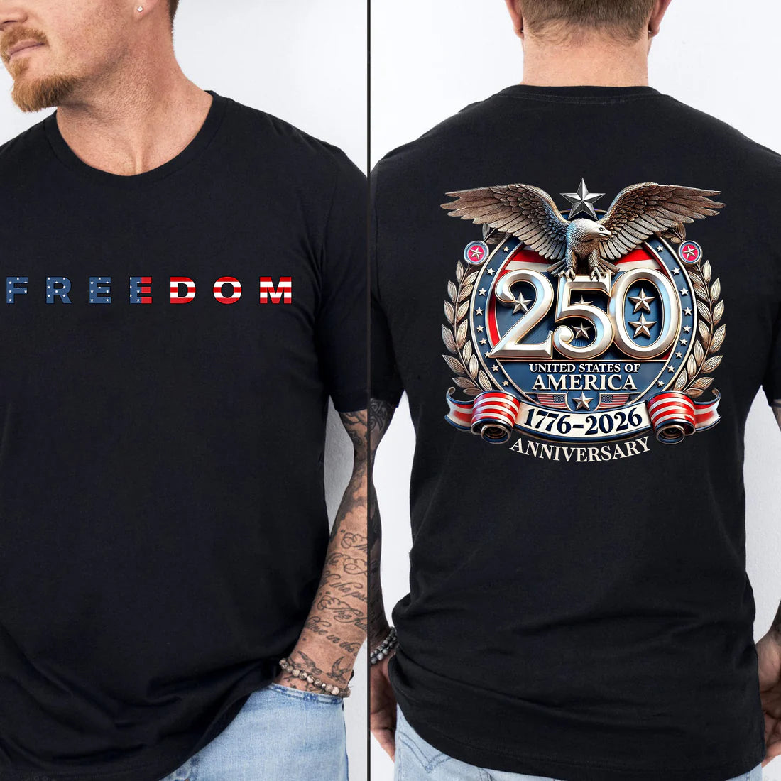 Freedom 250 Years Anniversary Dark Shirt | Patriotic 4th of July 1776–2026 Eagle US Flag Front & Back Shirt