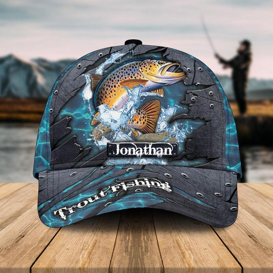 Cowgic Custom Name Blue Metal Pattern Fishing 3D Classic Cap